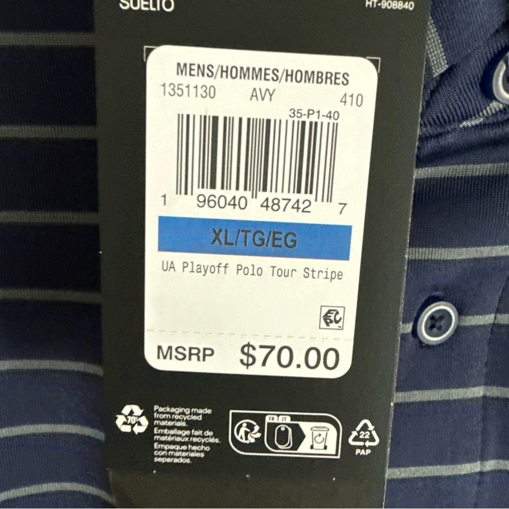 New Under Armour Playoff Polo Shirt Men's XL Navy Blue Striped Golf Performance - Picture 6 of 6